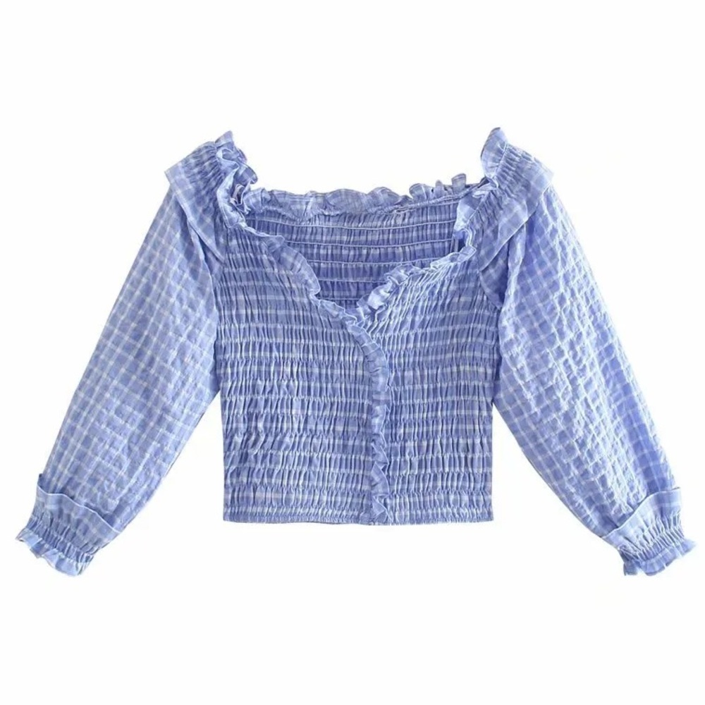 ZARA Smocked Off The Shoulder Crop Top Ruffle V-Neck Puff Sleeve